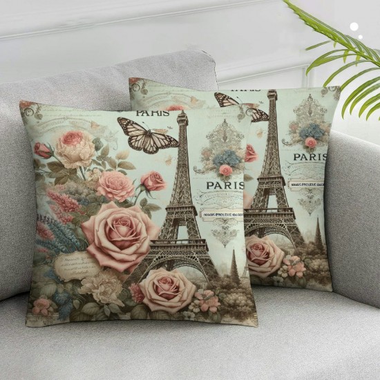 Ulloord Throw Pillow Covers Paris Eiffel Tower with Floral Butterfly Square Pillowcase for Home Decor Sofa Car Bedroom Pillow case